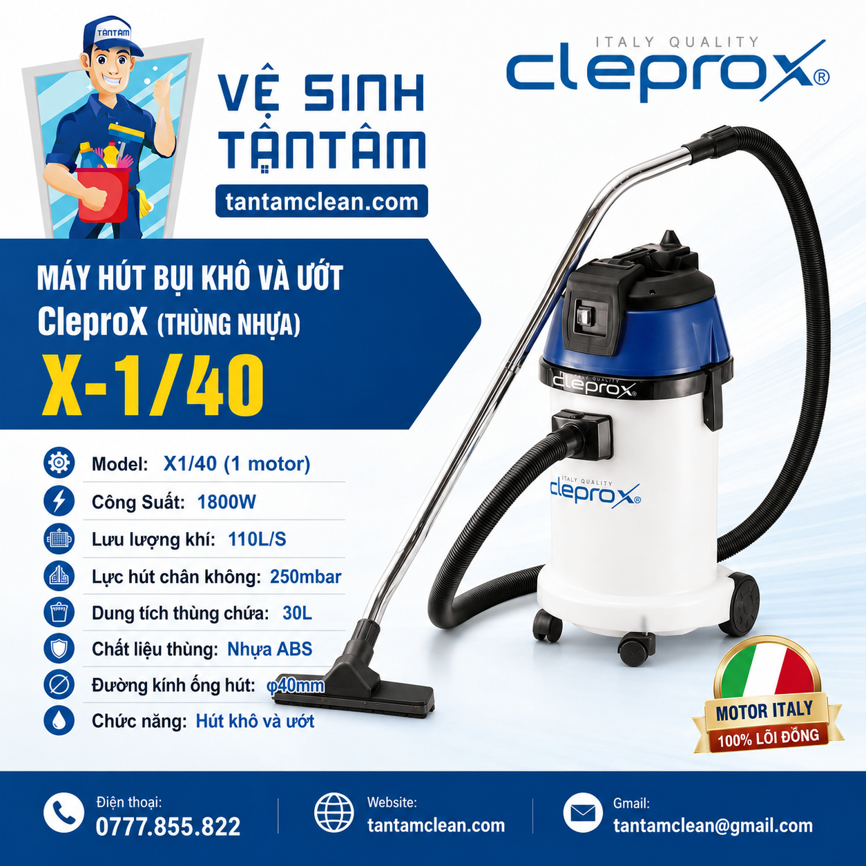 Máy hút bụi CleproX ( 30 lít thùng nhựa) X-1/40 Máy hút bụi CleproX ( 30 lít thùng nhựa) X-1/40