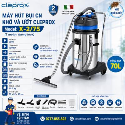 Máy Hút Bụi Công Nghiệp Khô Và Ướt CleproX X-2/75 Thùng Inox 70 Lít